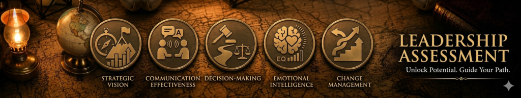 ALT Text: A panoramic website banner titled "LEADERSHIP ASSESSMENT" with the subtitle "Unlock Potential. Guide Your Path." in an elegant gold font. The background shows a warm, vintage setting with a globe, an old map, and an antique book. Five bronze circular tokens are arranged horizontally across the image, each featuring an icon and text label for: Strategic Vision, Communication Effectiveness, Decision-Making, Emotional Intelligence, and Change Management.